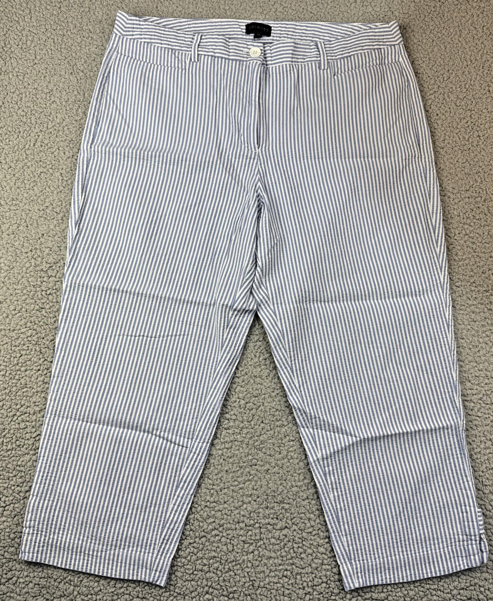 Talbots Women's Pants 14 Blue White Seersucker Perfect Crop Khaki Preppy Coastal